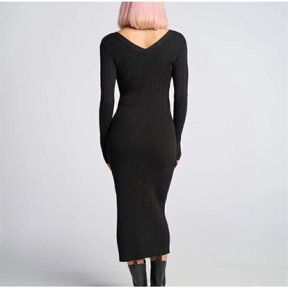 LITA by Ciara Black Rib V Neck Cardigan Button Front Midi Dress - Picture 3 of 11